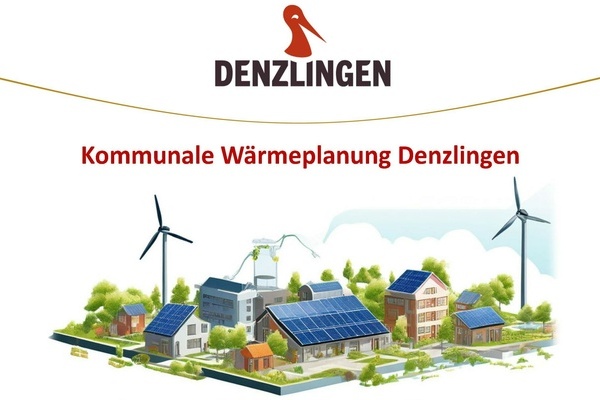 Rote Schrift auf weiem Grund, Denzlinger Logo, grafische Darstellung einer Ortschaft mit erneuerbarer Energiegewinnung