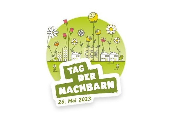 Runder, grner Kreis mit gezeichneten bunten Blumen und berschrift Tag des Nachbarn 26. Mai 2023