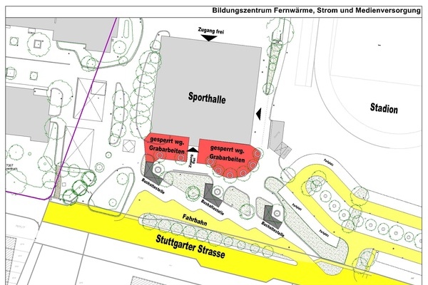 Plan des Bildungszentrums Denzlingen, rot und gelb markierte Flächen