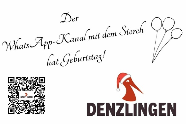 Der WhatsApp Kanal mit den Storch feiert Geburtstag. Schwarze Schrift auf weißem Untergrund. Roter Storch