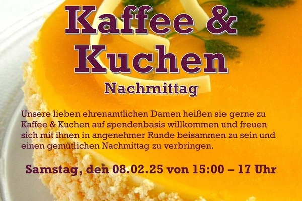 Veransaltungsplakat Kaffe & Kuchen - Torte mit gelbem Guss im Hintergund darber dunkelrote Buchstaben